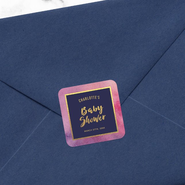 Lila Pink Wasserfarbe und Imitate Gold Kinderdusch Quadratischer Aufkleber (Von Creator hochgeladen)