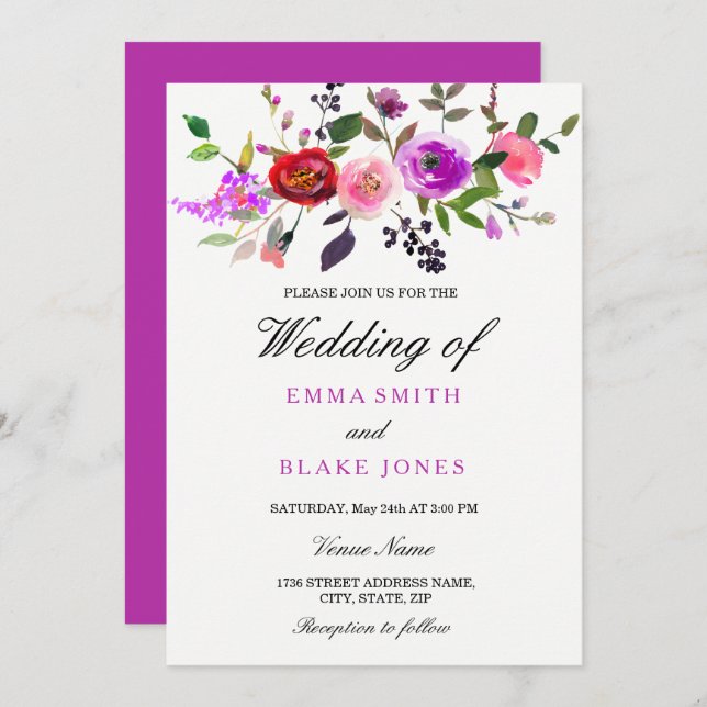 Lila Pink Watercolor Blumenhochzeit Einladung (Vorne/Hinten)