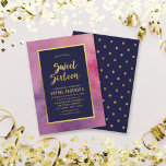 Lila Pink Watercolor & Imitate Gold 16 . Geburtsta Einladung<br><div class="desc">Diese elegante Sweet 16-Einladung besticht durch lila rosa Aquarellfarbe, die Worte "16 . Geburtstag" und einen Rahmen sowohl in Imitaten mit Goldfolie als auch in einem dunkelblauen Zentrum. Die Einladung hat ein Imitat mit einem goldenen Polka-Punktmuster auf dunkelblauem Hintergrund. C Personalisieren Sie diese Einladung, indem Sie den Platzhaltertext in der...</div>
