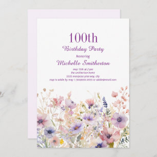 Lila Pink Watercolor Wildblume 100. Geburtstag Einladung