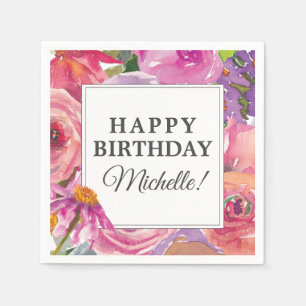 Lila Pink Watercolor Wildblume Happy Birthday Serviette