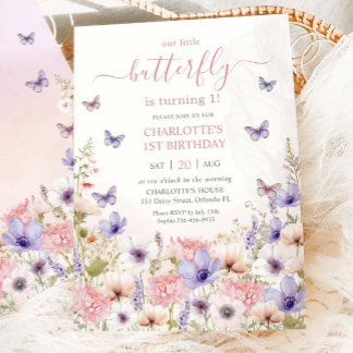 Lila Pink Wildblume Schmetterlinge 1. Geburtstag Einladung