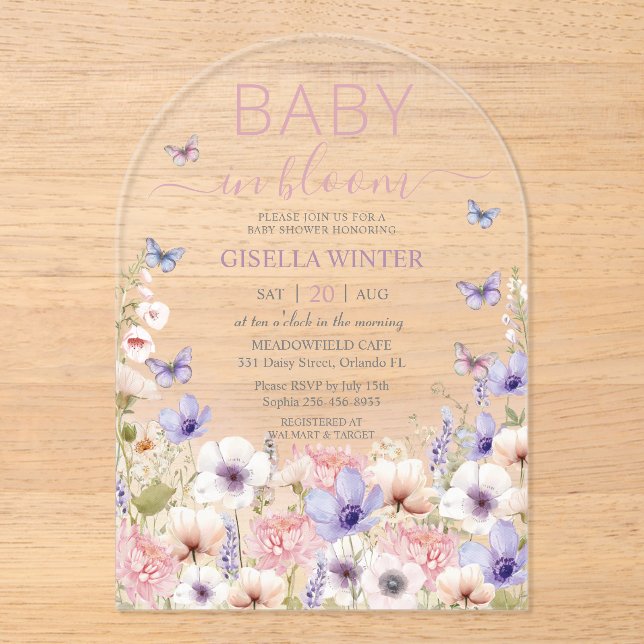 Lila Pink Wildblume Schmetterlinge Baby in Bloom Acryleinladungen (Vorderseite)