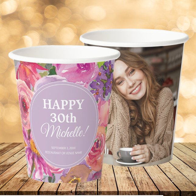 Lila Pink Wildblumen 30. Geburtstag Foto Pappbecher (pink and purple watercolor wildflower birthday party photo cup)