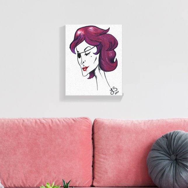 Lila Piratenlady Violette Haarfrau Zeichnung Kunst Leinwanddruck (Insitu (Wohnzimmer))