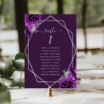 Lila Planiersilber Tischnummer<br><div class="desc">Diese moderne Hochzeitskarte besticht durch einen silbernen geometrischen Rahmen,  der mit Pflaume und silberfarbenen Blumenbouquets auf lila Hintergrund dekoriert ist. Der anpassbare Text kombiniert silbergraue,  weißliche Handschrift,  Kupferplatte und kursiven Schriftart. Die Rückseite ist lila.</div>
