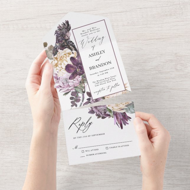 Lila Plum Boho Luxurious Tropical Floral Wedding All In One Einladung (Abreißen)