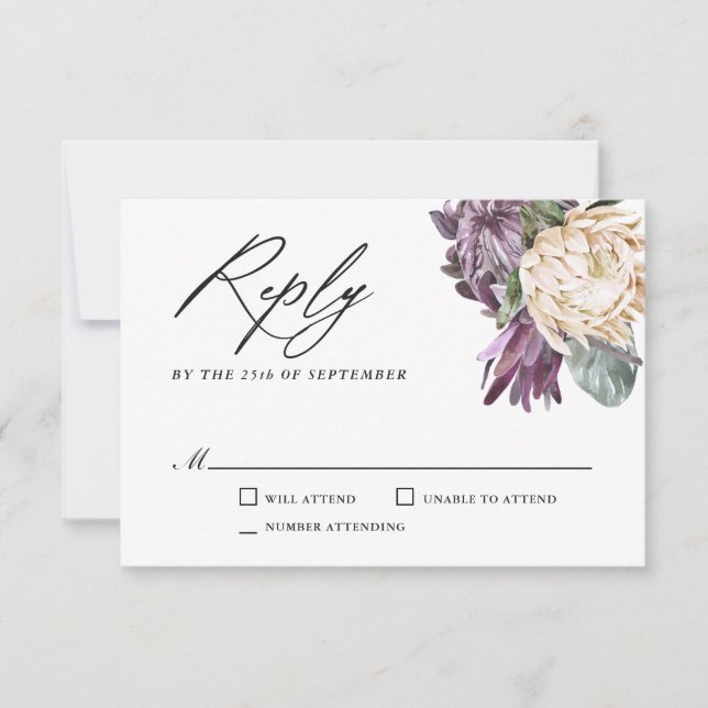 Lila Plum Boho Tropical Wedding RSVP Karte (Vorderseite)
