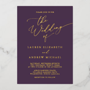 Lila Plum Gold Foil Monogramm Minimalistische Hoch Folieneinladung