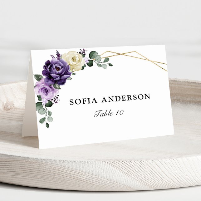 Lila Plum Ivory Gold Gast Name Platzkarte Tischnummer (Purple floral geometric place card)