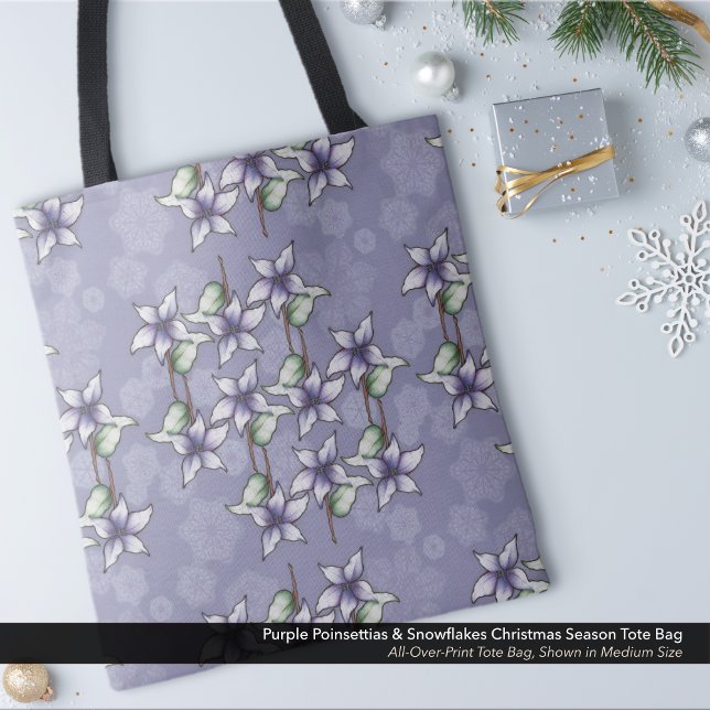 Lila Poinsettias & Snowflakes Weihnachten (Purple Poinsettias & Snowflakes Tote Bag for Christmas and the Winter Season.)