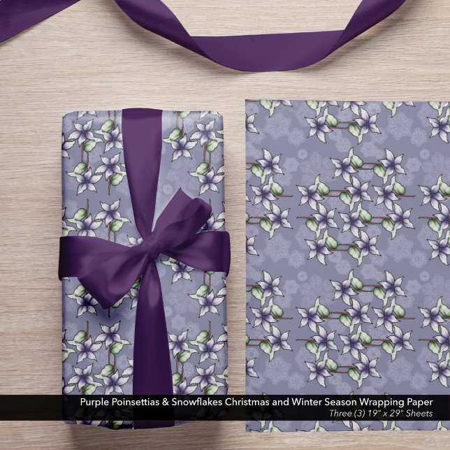 Lila Poinsettias & Snowflakes Weihnachten Geschenkpapier Set (Red Poinsettias & Snowflakes Christmas and Winter Season Wrapping Paper Sheets)