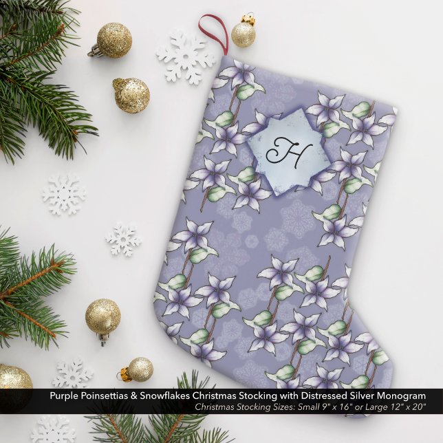 Lila Poinsettias und Schneeflocken Silver Monogram Kleiner Weihnachtsstrumpf (Purple Poinsettias & Snowflakes Christmas Stocking with Distressed Silver Monogram)