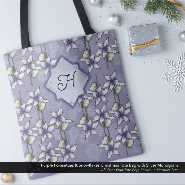 Lila Poinsettias und Schneeflocken Weihnachtsmongr (Purple Poinsettias & Snowflakes Christmas Tote Bag  with Silver Monogram)