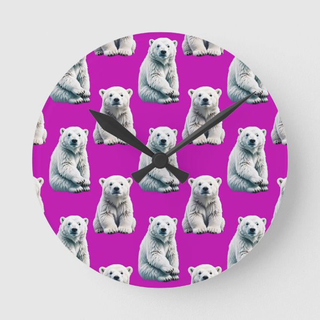 Lila Polarbär-Musterdesign  Runde Wanduhr (Vorderseite)