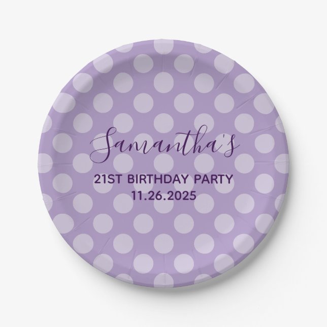 Lila Polka Dot 21. Geburtstag Pappteller (Vorderseite)