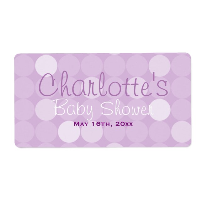 Lila Polka Dot Baby Dusche Wasserflaschen Etikette (Vorne)