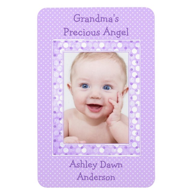 Lila Polka Dot Baby Foto Template Magnet (Vertikal)