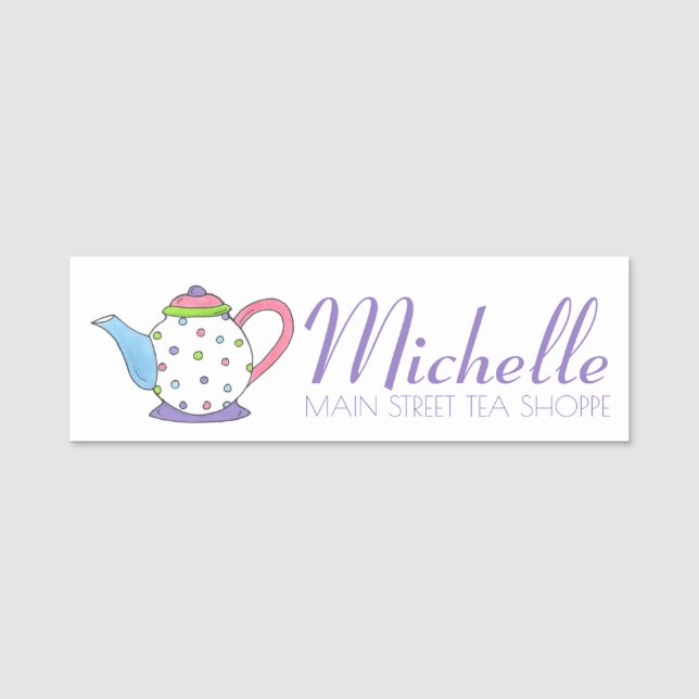 Lila Polka Dot Teapot Keramik Tee Pot Namensschild (Vorderseite)