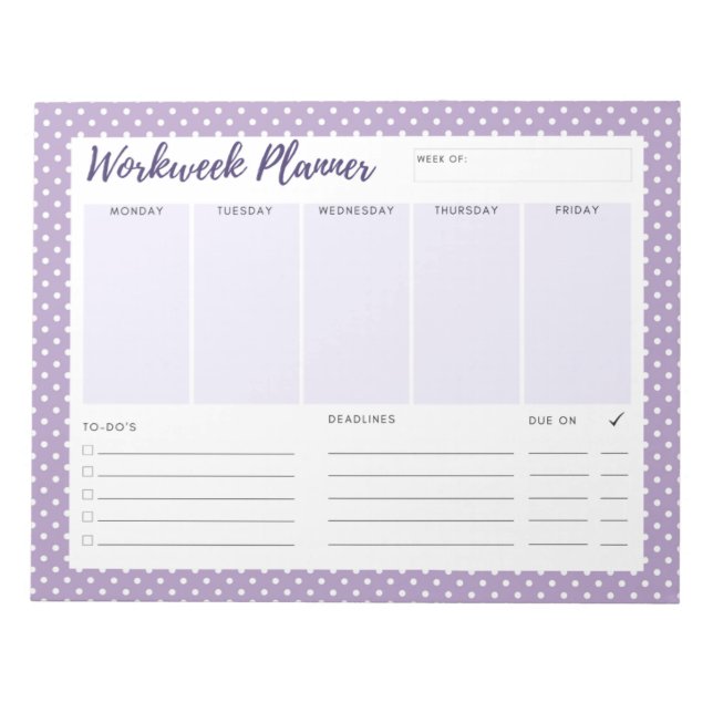 Lila Polka Dot Workweek Planer Notepad Notizblock (Vorderseite)