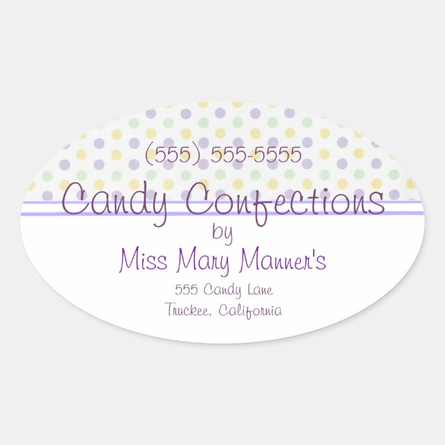 Lila Polka Dots Candy Label Ovaler Aufkleber (Vorderseite)