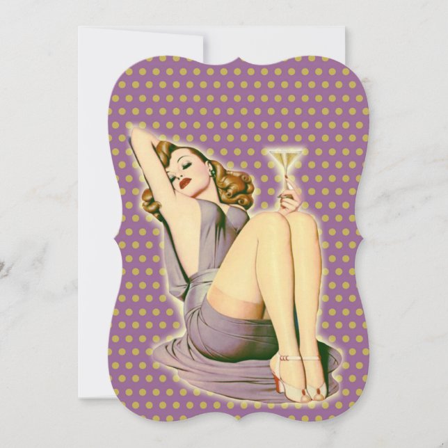 lila Polka dots Martini Rockabilly Button up Girl Einladung (Vorderseite)