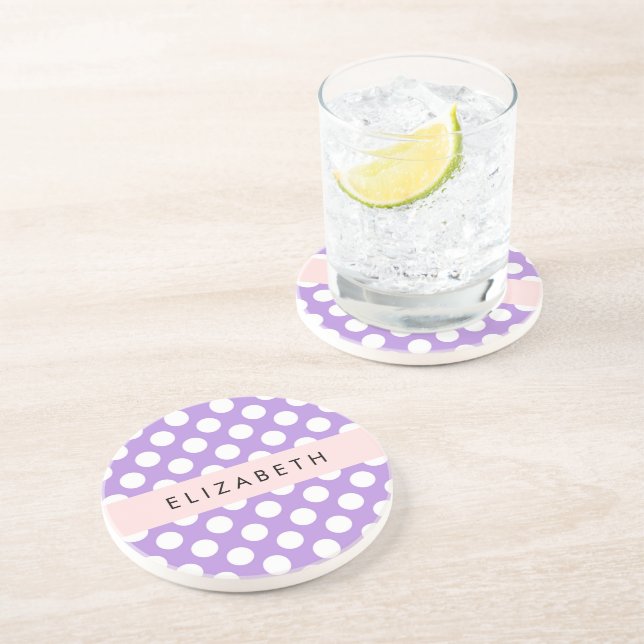 Lila Polka Dots, Polka Dot Pattern, Ihr Name Getränkeuntersetzer (Seite)