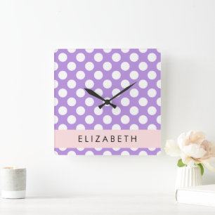 Lila Polka Dots, Polka Dot Pattern, Ihr Name Quadratische Wanduhr