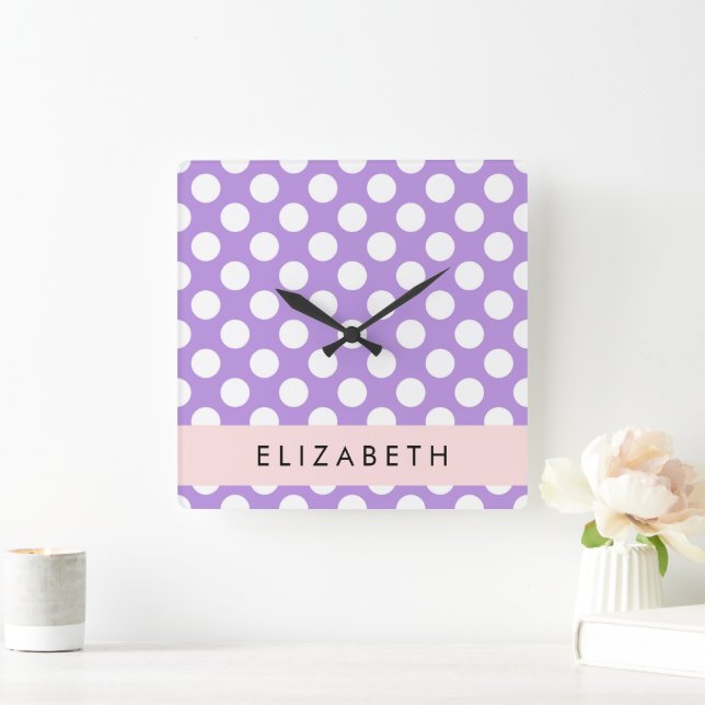 Lila Polka Dots, Polka Dot Pattern, Ihr Name Quadratische Wanduhr (Zuhause)