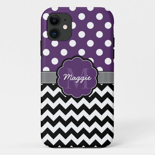 Lila Polka Dots Zickzack Monogramm Case-Mate iPhone Hülle (Rückseite)
