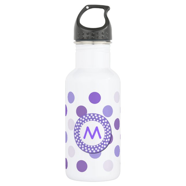 Lila Polka-Punkt-Monogramm Trinkflasche (Vorderseite)