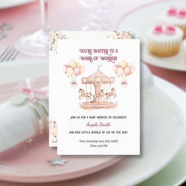 Lila Pony Dreams-Minimalistisch Baby-Einladung Einladung (minimalist-baby-girl-shower-pink-horse-carousel)