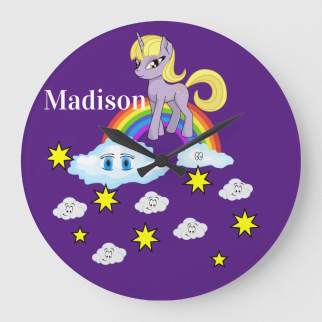 Lila Pony Rainbow Happy Clouds Stars Uhr (Vorderseite)
