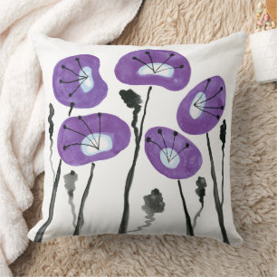 Lila Poppies Boho Moderne Aquarellfarben Blume Kissen
