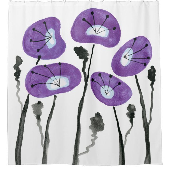 Lila Poppies Boho Moderne Badezimmer Dekoration Duschvorhang (Vorderseite)