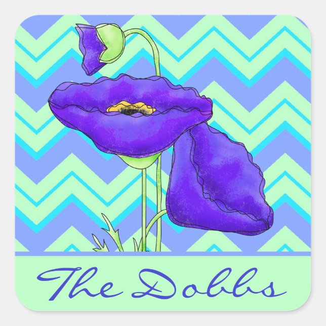 Lila Poppy Personalisiert Green Zickzack Zizzag Quadratischer Aufkleber (Vorderseite)