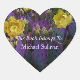 Lila Prickly Birne Opuntia Kaktus Gelbe Blüten Herz-Aufkleber