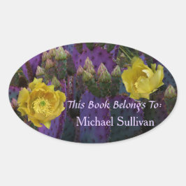 Lila Prickly Birne Opuntia Kaktus Gelbe Blüten Ovaler Aufkleber