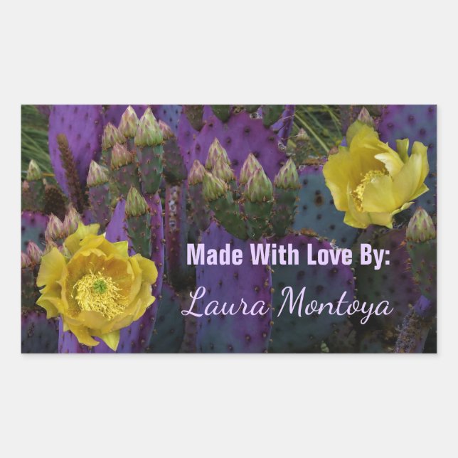 Lila Prickly Birne Opuntia Kaktus Gelbe Blüten Rechteckiger Aufkleber (Vorderseite)