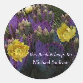 Lila Prickly Birne Opuntia Kaktus Gelbe Blüten Runder Aufkleber