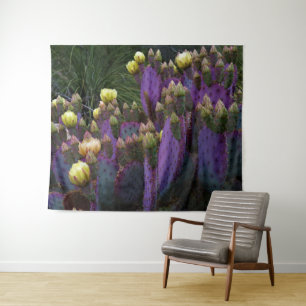 Lila Prickly Birne Opuntia Kaktus Gelbe Blüten Wandteppich