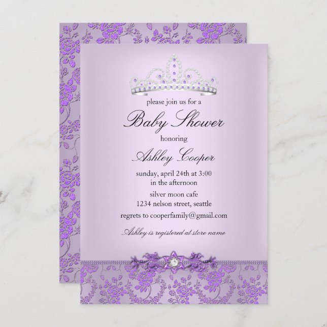 Lila Princess Baby Dusche Tiara Einladung (Vorne/Hinten)
