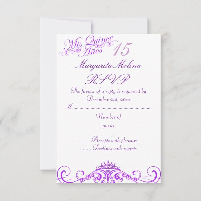 Lila Princess Tiara Quinceanera UAWG RSVP Karte (Vorderseite)