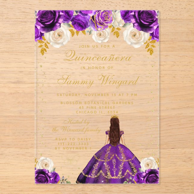 Lila Prinzessin Quinceañera Acryleinladungen (Vorderseite)