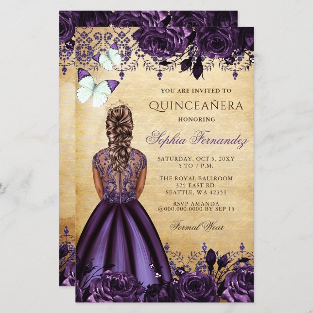 Lila Prinzessin Quinceañera Einladung (Vorne/Hinten)
