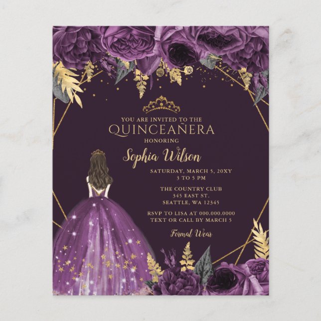 Lila Prinzessin Quinceañera Einladung (Vorderseite)
