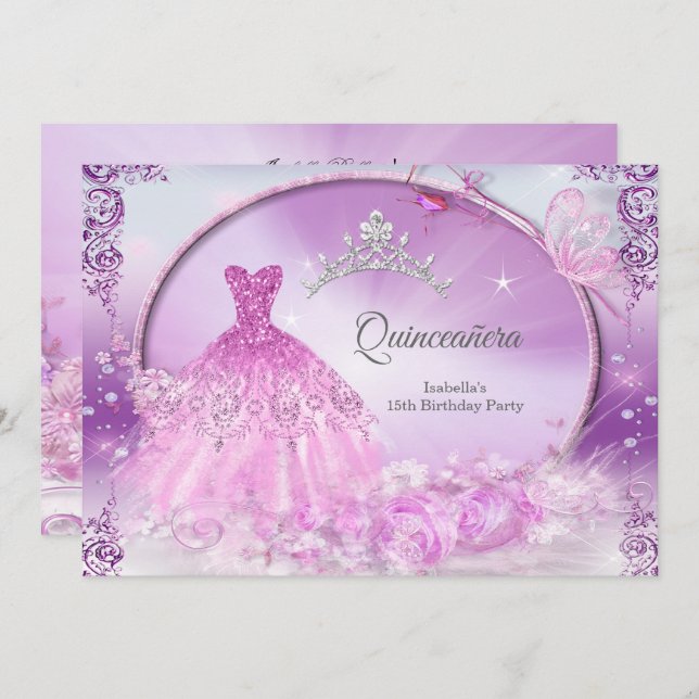Lila Prinzessin Quinceanera Magisches Kleid Einladung (Vorne/Hinten)
