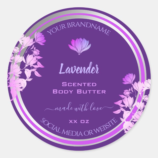 Lila Produktverpackungsmarken - Silber geblüht Runder Aufkleber (Vorderseite)