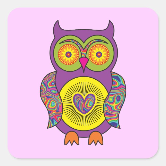 Lila Psychedelic Owl Quadratischer Aufkleber (Vorderseite)