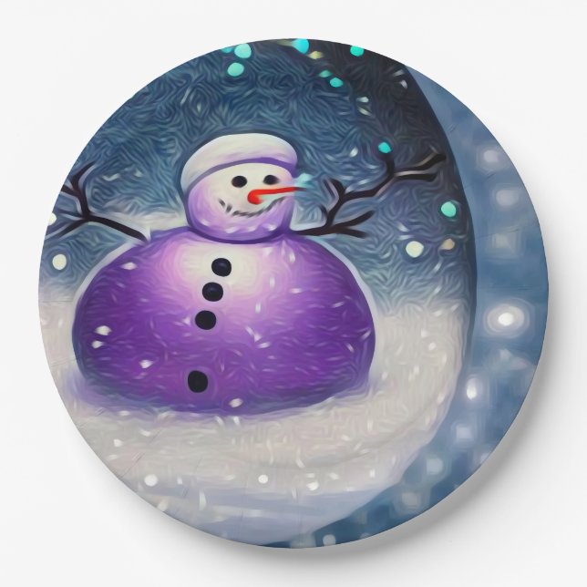 Lila Pudgy Painted Snowman Pappteller (Vorderseite)